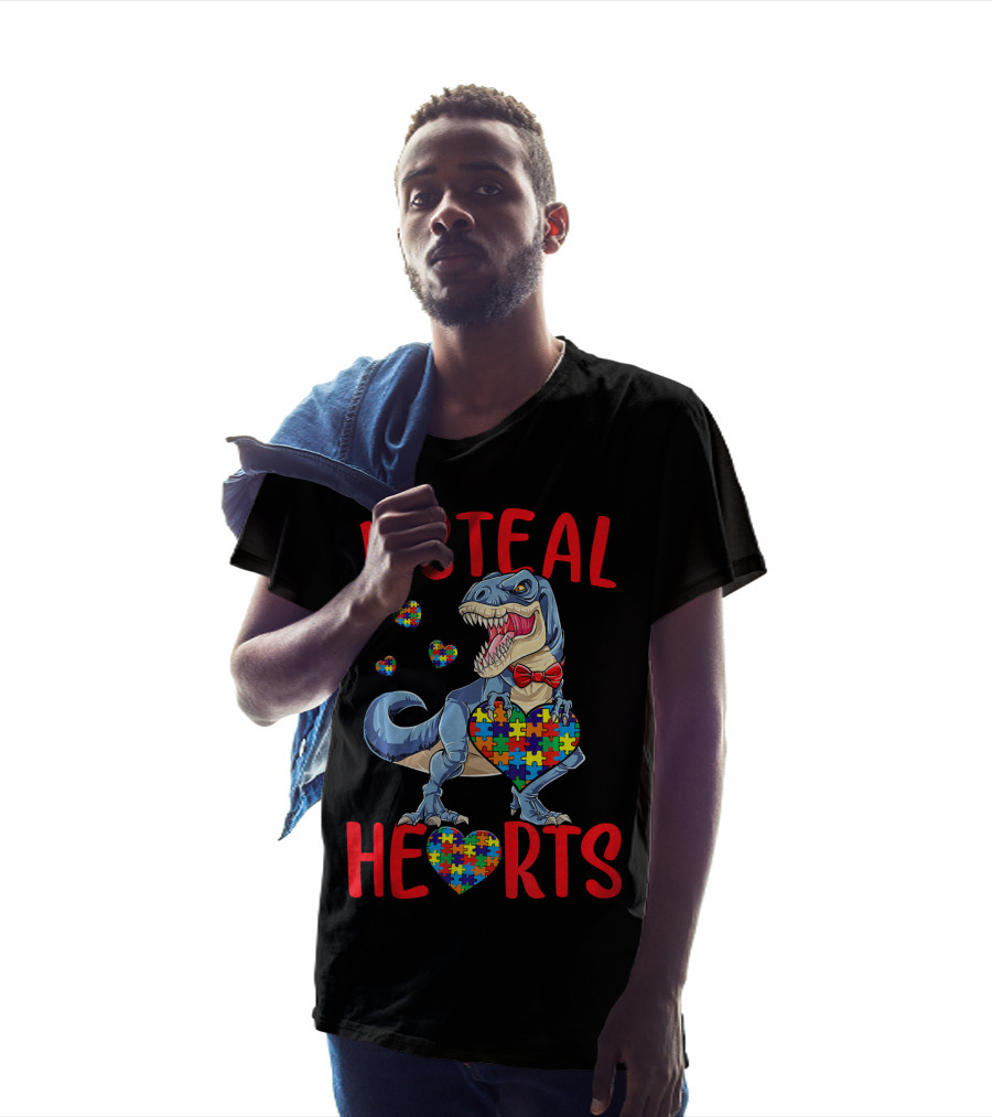 I Steal Hearts Dinosaur With Puzzle Piece Hearts Autism Awareness T-Shirt