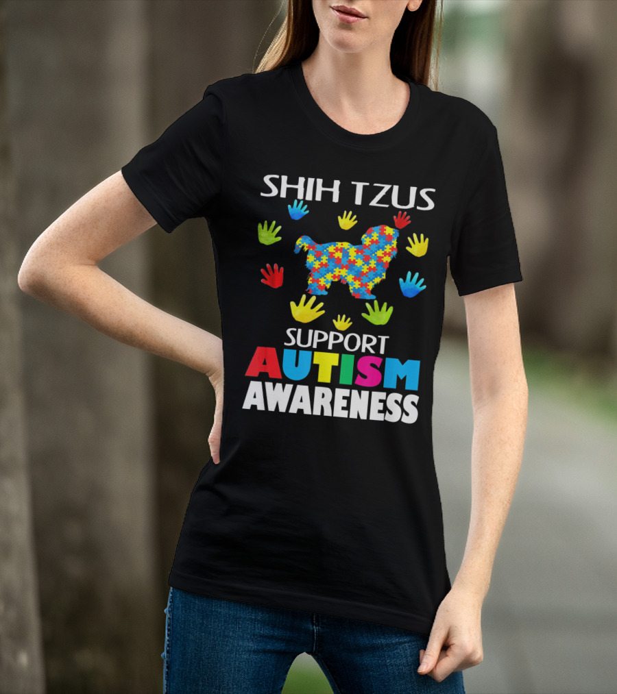 Shih Tzus Support Autism Awareness Puzzle Pattern And Colorful Handprints T-Shirt