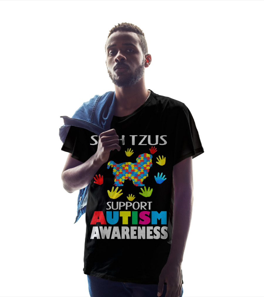 Shih Tzus Support Autism Awareness Puzzle Pattern And Colorful Handprints T-Shirt