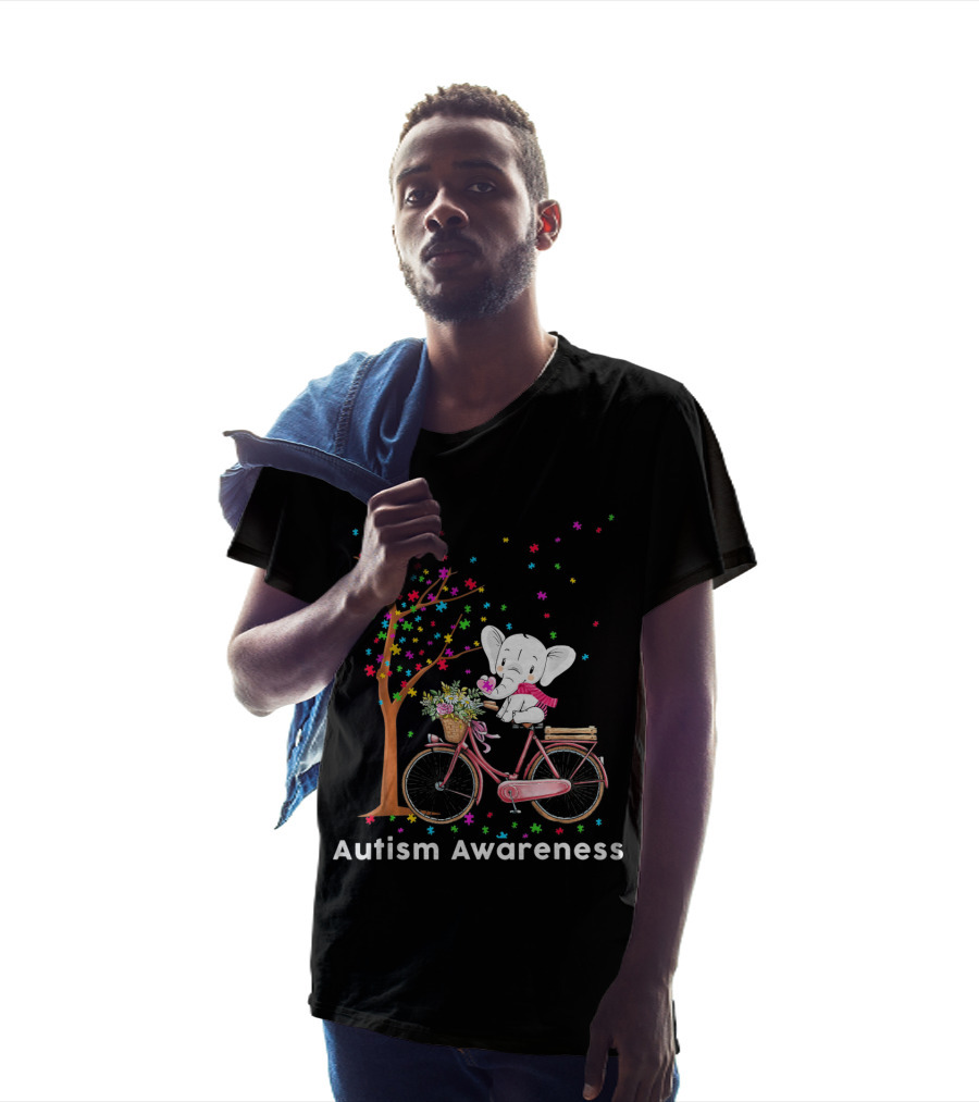 Autism Awareness Elephant Riding Bicycle With Puzzle Pieces And Tree T-Shirt
