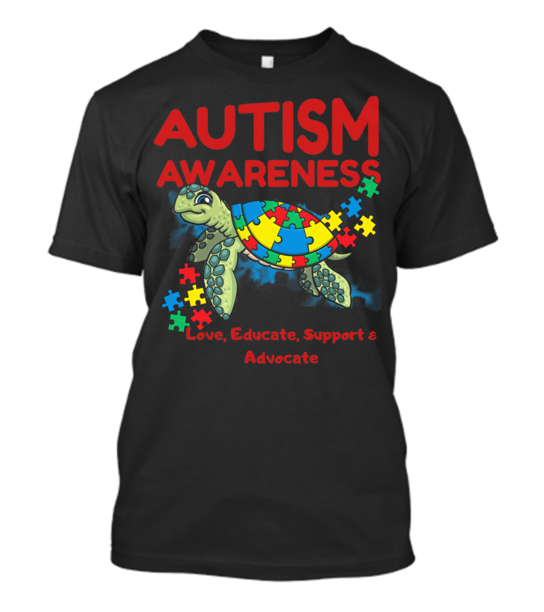 Autism Awareness Love Educate Support Advocate Puzzle Turtle T-Shirt