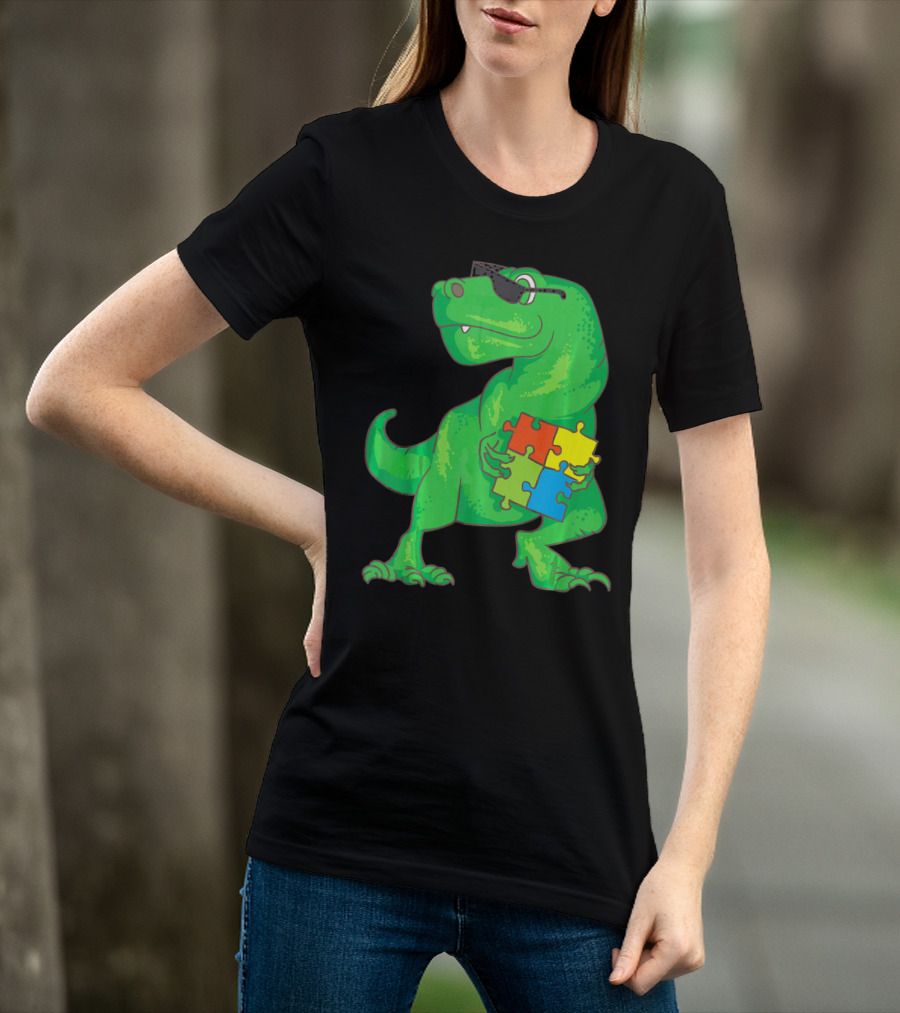 Autism Awareness Month Dinosaur Holding Puzzle Pieces T-Shirt