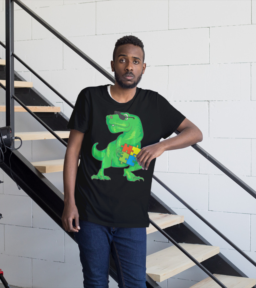 Autism Awareness Month Dinosaur Holding Puzzle Pieces T-Shirt