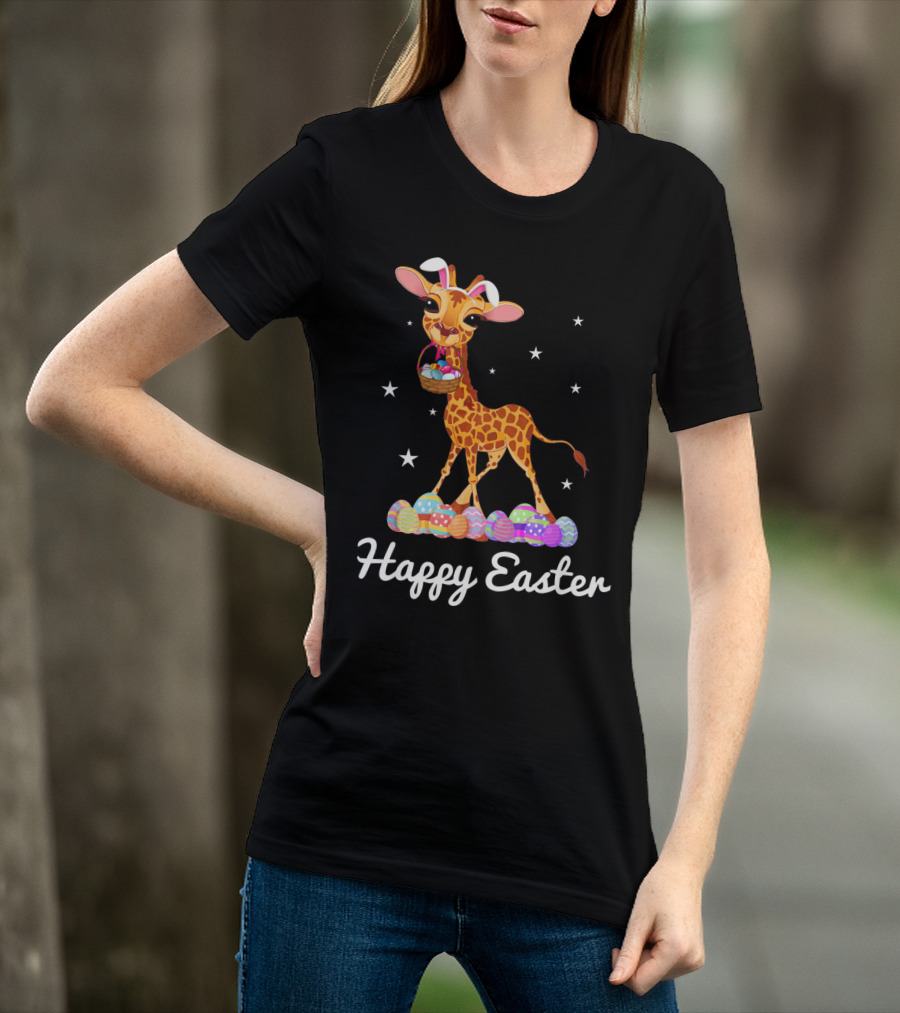 Happy Easter Giraffe With Bunny Ears And Colorful Eggs T-Shirt
