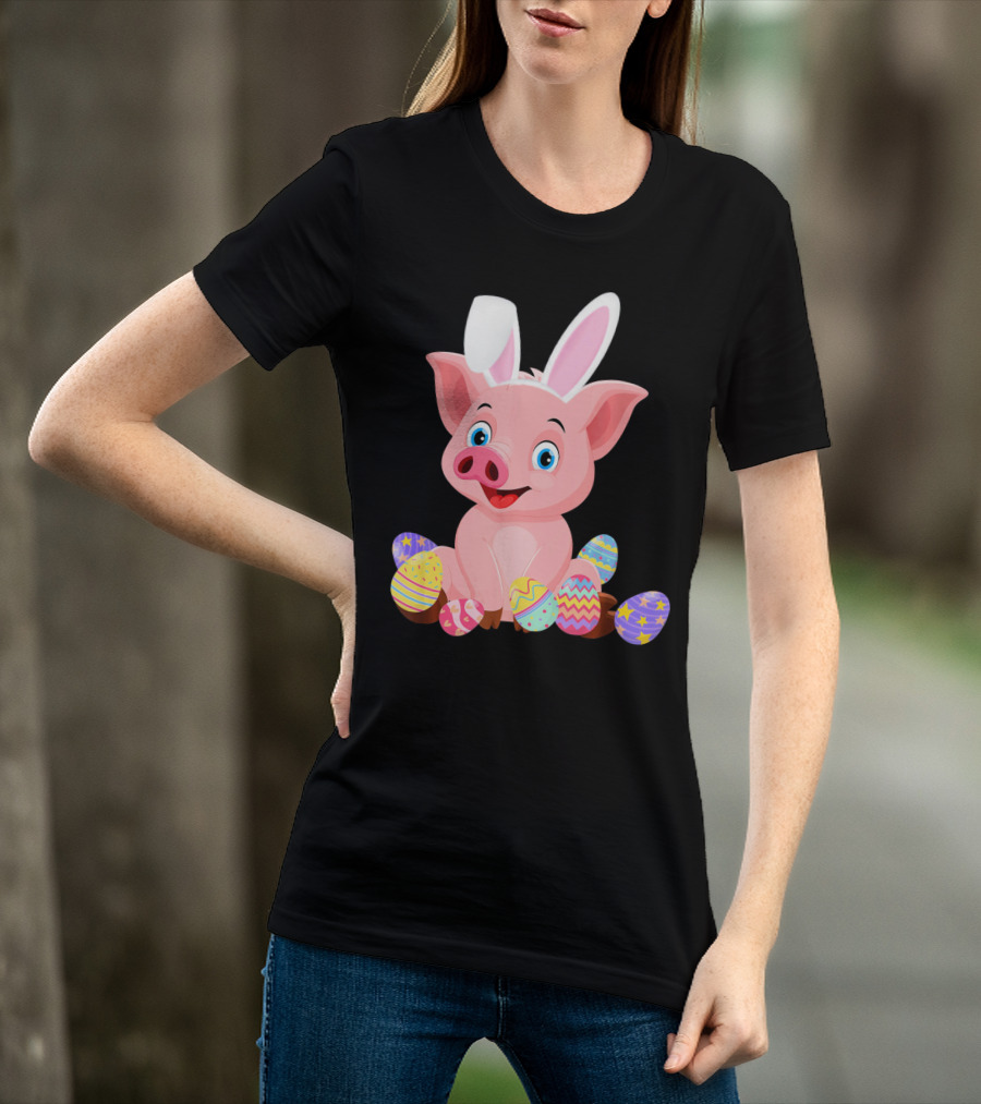 Pig Wearing Bunny Ears Surrounded By Colorful Easter Eggs T-Shirt