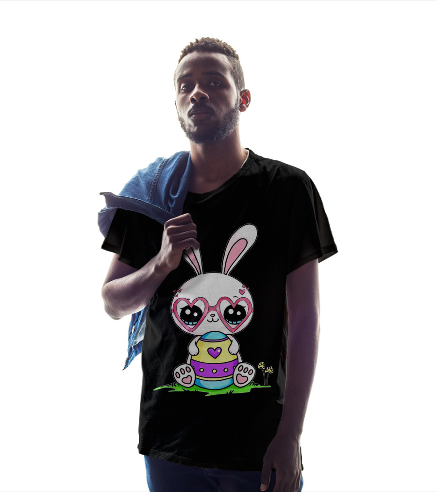 Adorable Easter Bunny With Heart-Shaped Glasses And Colorful Egg T-Shirt