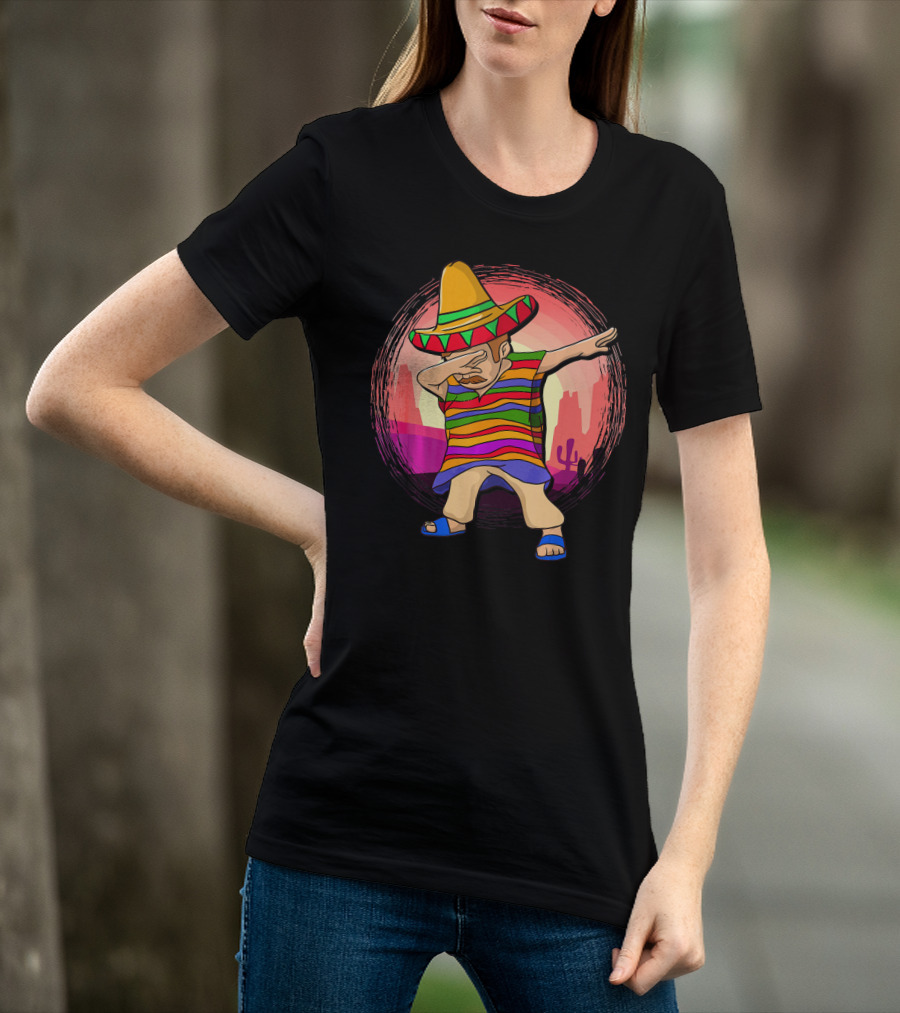 Mexican Poncho Sombrero Dabbing Sunset Cactus Background T-Shirt