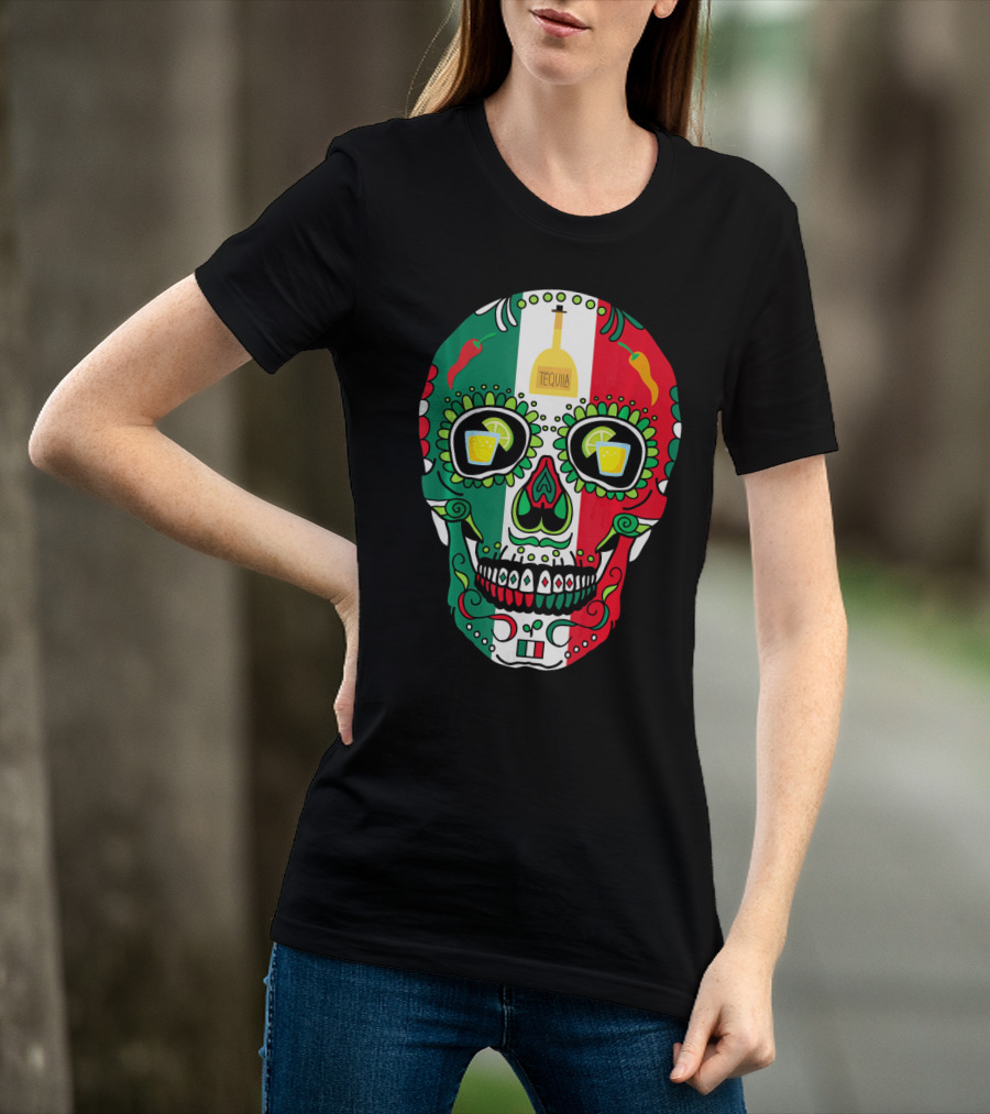 Mexican Cinco De Mayo Tequila Skull With Flag Colors And Chili Peppers T-Shirt