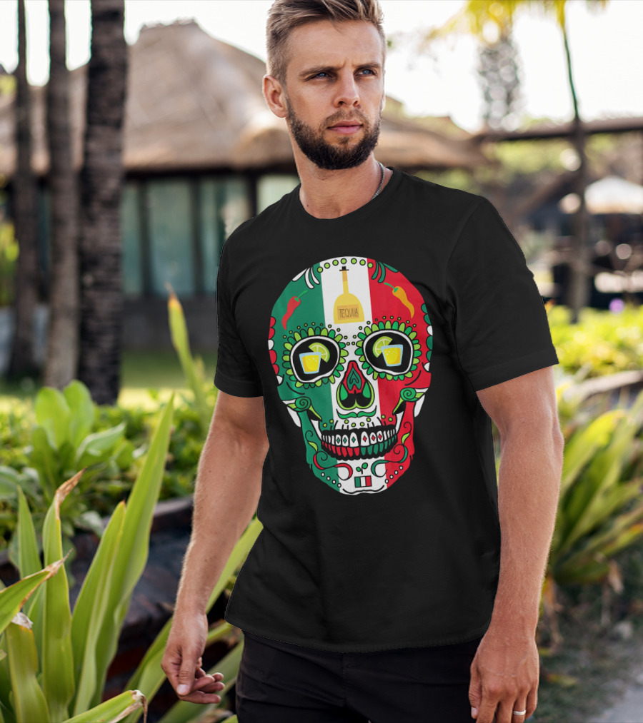 Mexican Cinco De Mayo Tequila Skull With Flag Colors And Chili Peppers T-Shirt