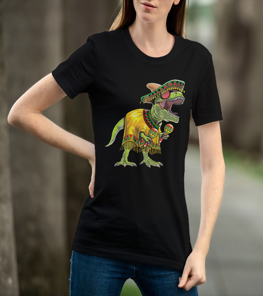 Cinco De Mayo Dinosaur Sombrero Maracas Poncho Fiesta T-Shirt