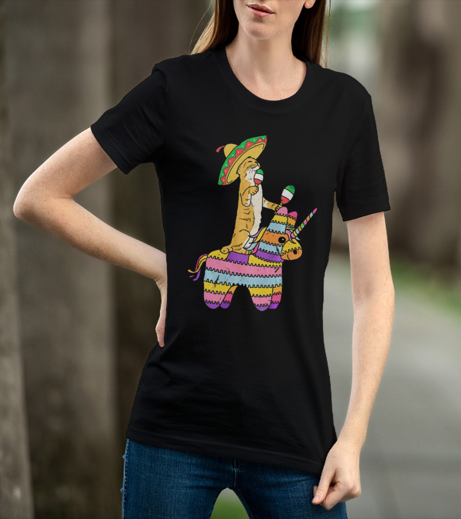 Cinco De Meow Cat Riding Colorful Unicorn Pinata With Sombrero And Maracas T-Shirt