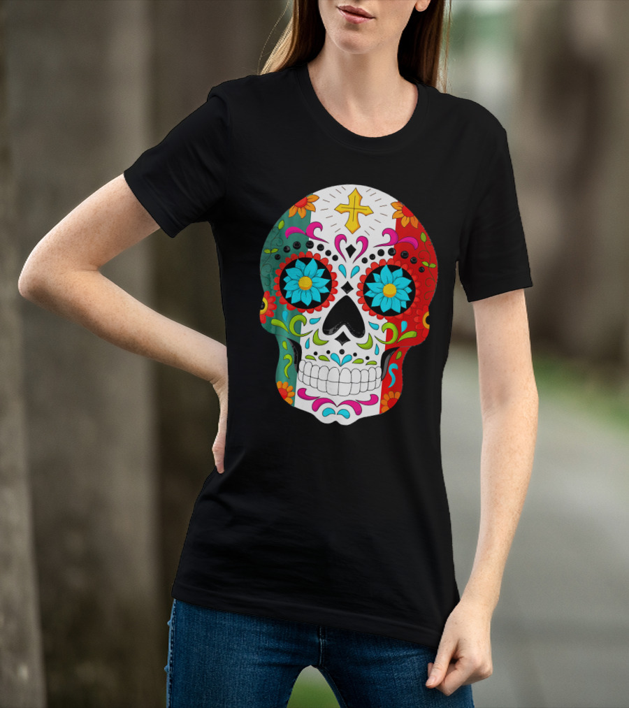 Day Of The Dead Sugar Skull Cinco De Mayo Mexican Flag Colors T-Shirt