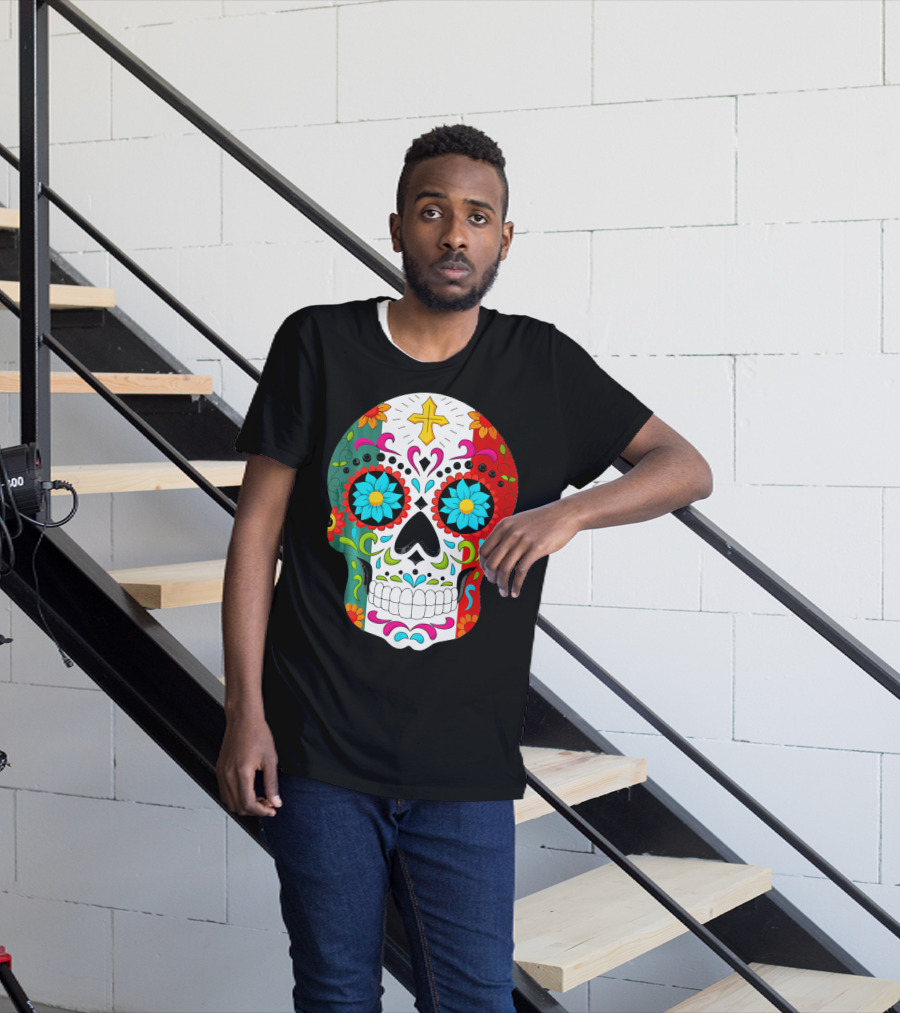 Day Of The Dead Sugar Skull Cinco De Mayo Mexican Flag Colors T-Shirt