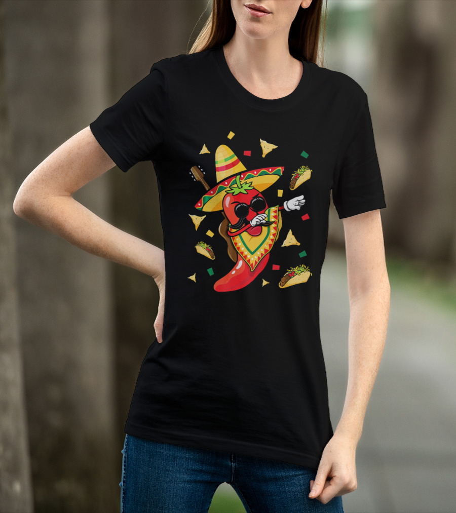Mexican Sombrero Dabbing Jalapeno With Tacos And Nachos Fiesta Explosion T-Shirt