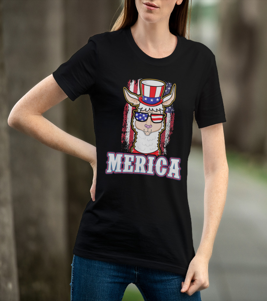 Patriotic Llama Merica American Flag US T-Shirt