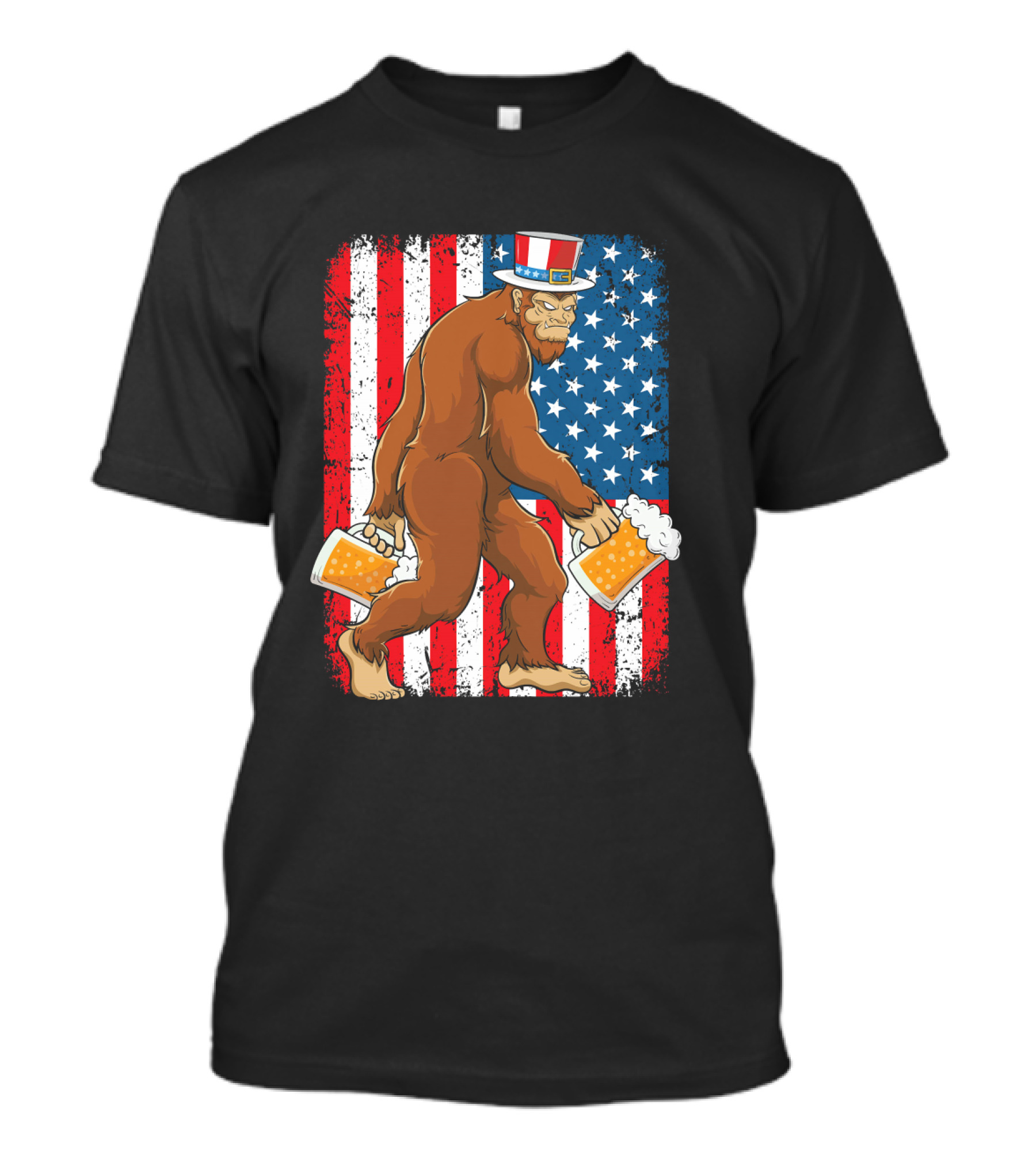 Bigfoot USA Flag Uncle Sam Hat With Beer T-Shirt