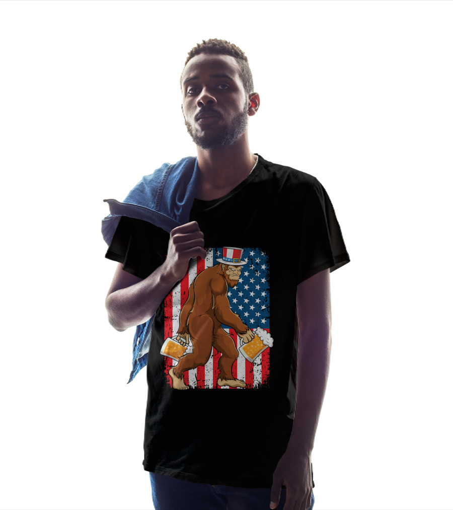 Bigfoot USA Flag Uncle Sam Hat With Beer T-Shirt