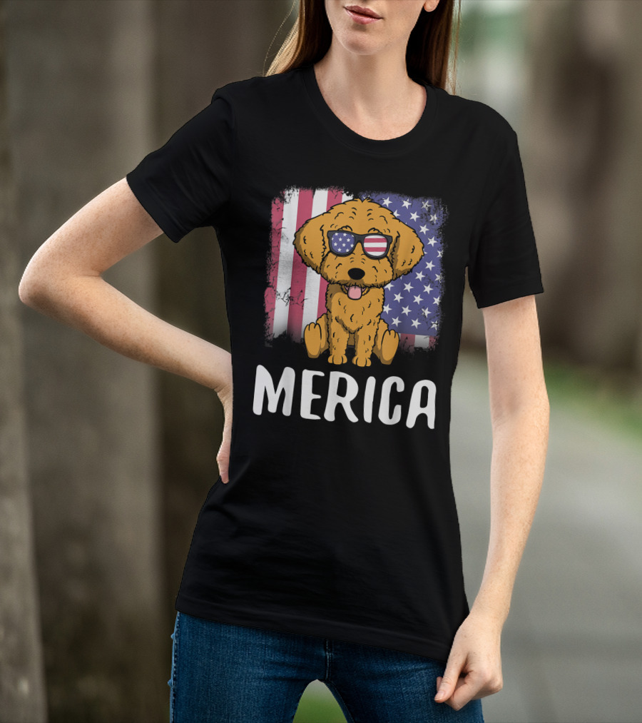 Merica Goldendoodle Dog With American Flag Sunglasses And US Flag Background T-Shirt