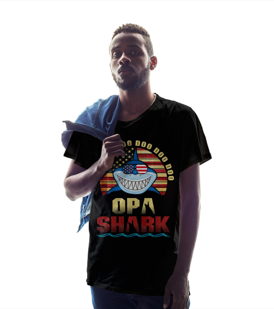 Doo Doo Doo Doo Doo Opa Shark American Flag Fathers T-Shirt