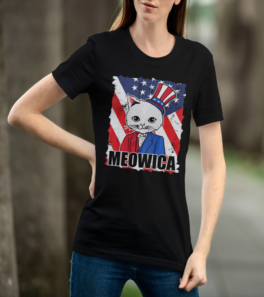 Meowica Cat With Uncle Sam Hat And American Flag Background T-Shirt