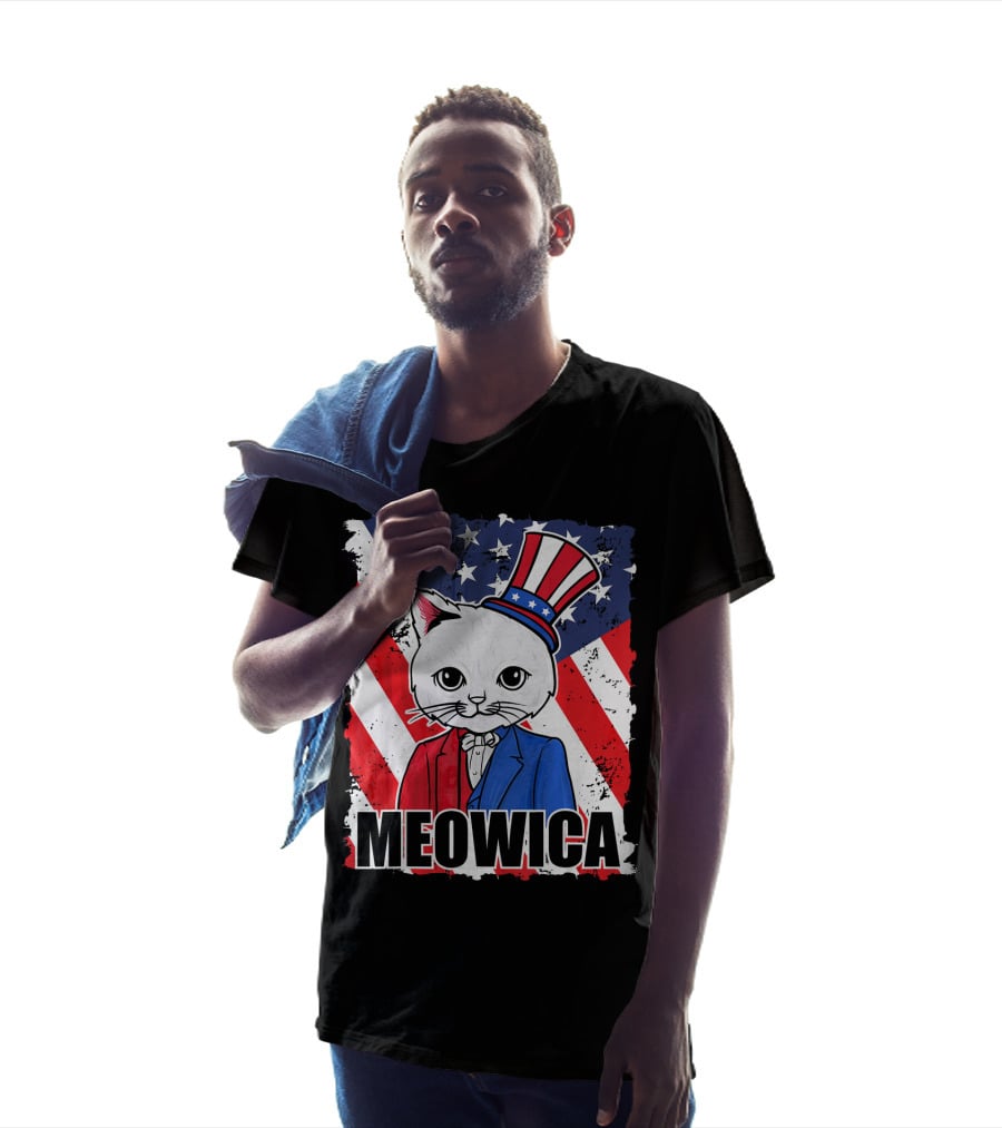 Meowica Cat With Uncle Sam Hat And American Flag Background T-Shirt