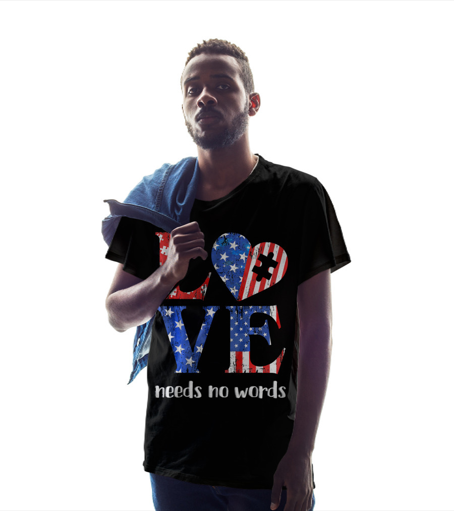 Love Needs No Words Autism Awareness American Flag Puzzle T-Shirt