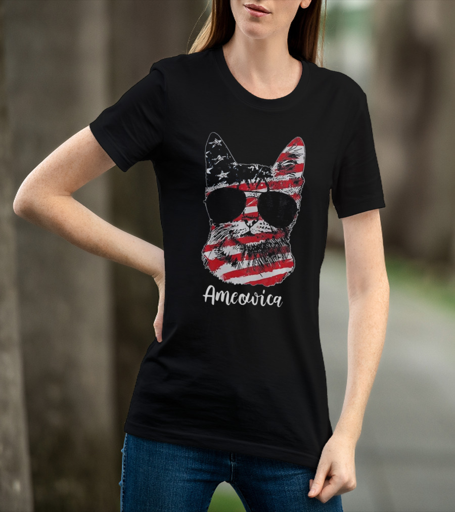 Ameowica Cat Wearing American Flag Pattern With Sunglasses T-Shirt