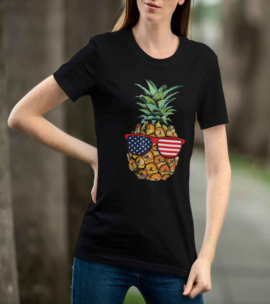 Funny Pineapple With American Flag Glasses Fourth Of July T-Shirt