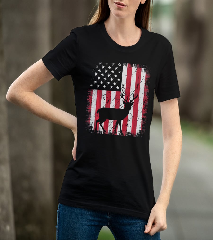 Vintage Deer USA American Flag Fourth Of July T-Shirt