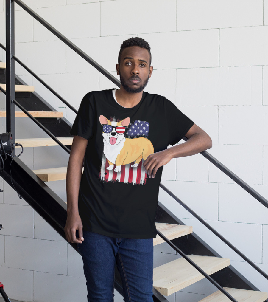 Corgi American Flag Sunglasses Patriotic Spirit T-Shirt