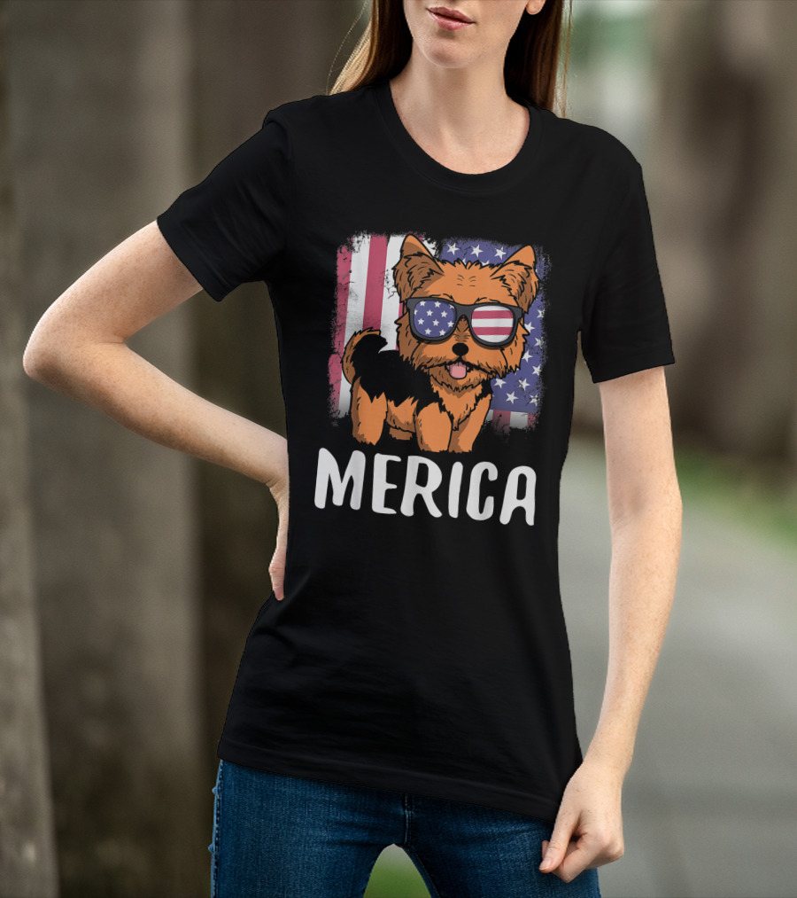 Merica Yorkie Dog American Flag Sunglasses USA T-Shirt