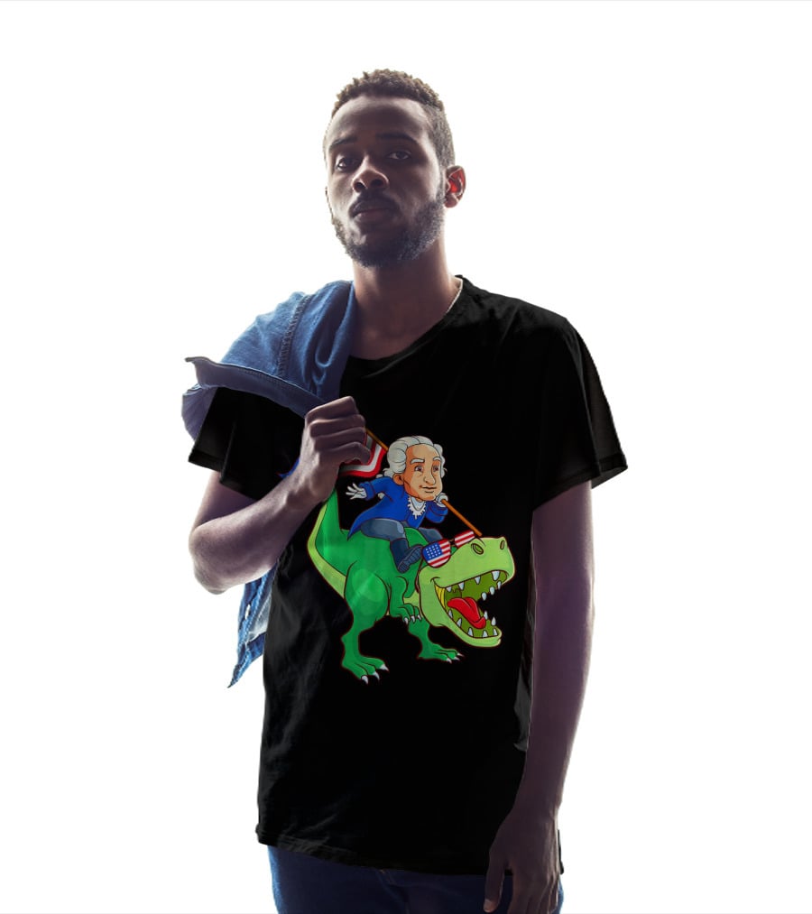 George Washington Riding Rex Dinosaur With American Flag And Sunglasses T-Shirt