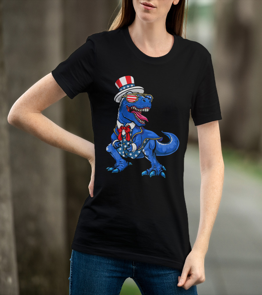 Patriotic Dinosaur With American Flag Hat And Glasses T-Shirt