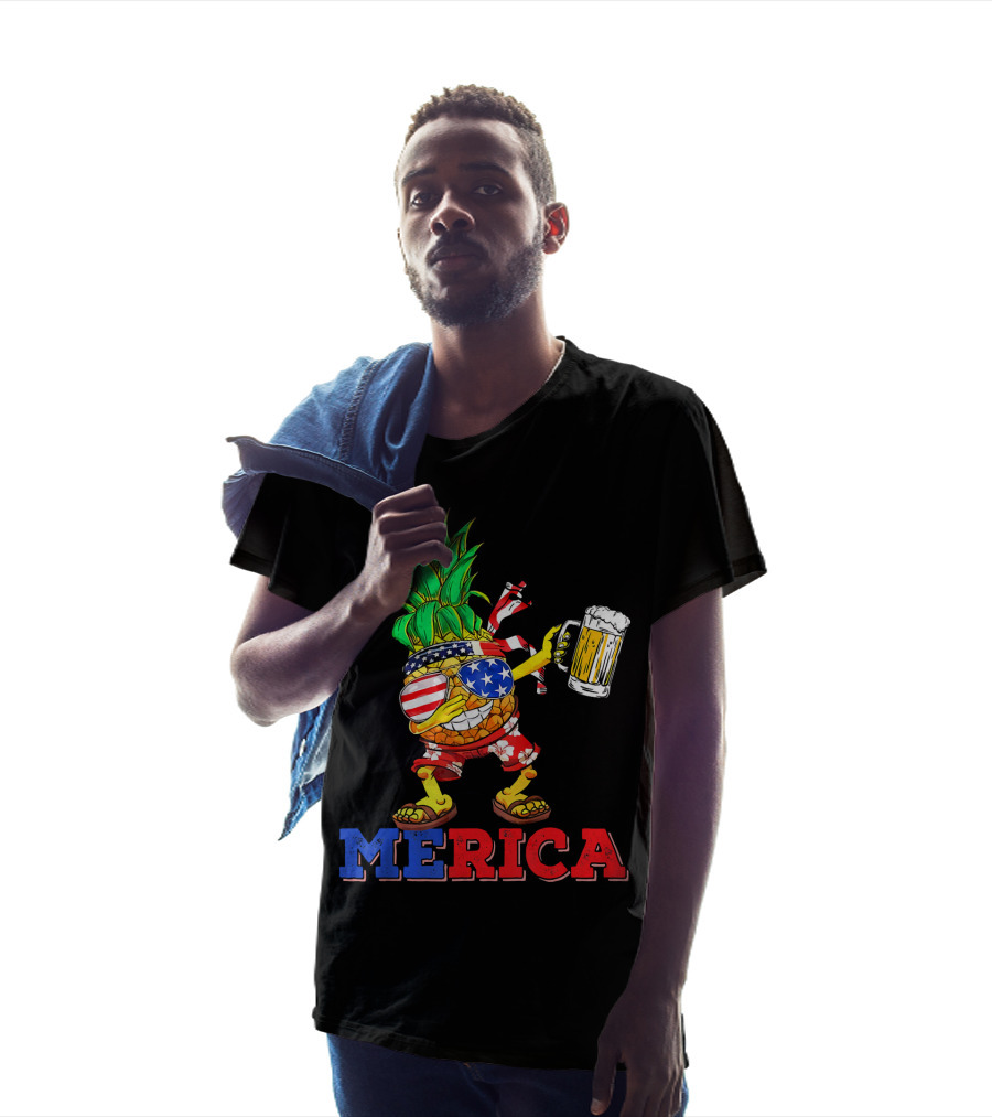 Merica Dabbing Pineapple US Flag Sunglasses Beer Mug Hawaiian Shorts T-Shirt
