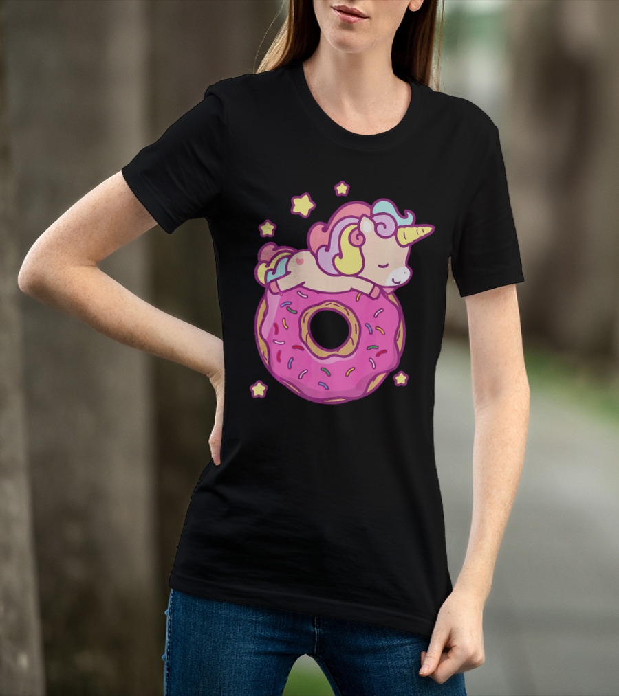 Cute Unicorn Donut Girls Kids Donut Day Sleepy Starry Sprinkle Delight T-Shirt