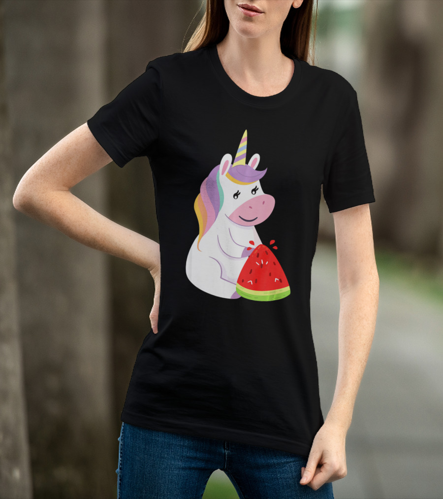 Unicorn Eating Watermelon With Rainbow Mane Novelty T-Shirt