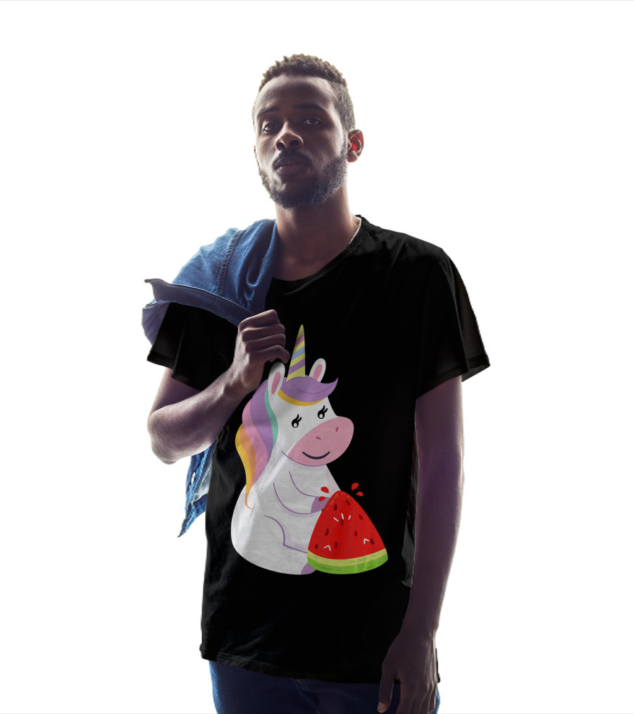 Unicorn Eating Watermelon With Rainbow Mane Novelty T-Shirt