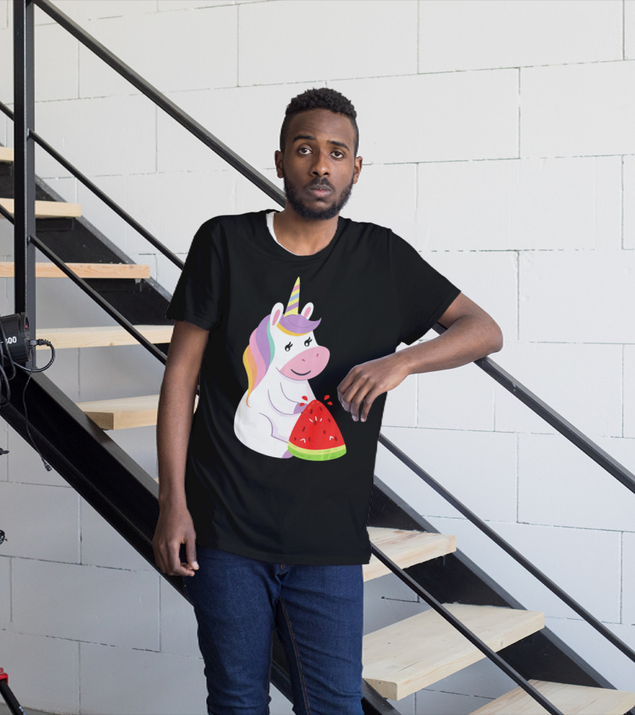 Unicorn Eating Watermelon With Rainbow Mane Novelty T-Shirt
