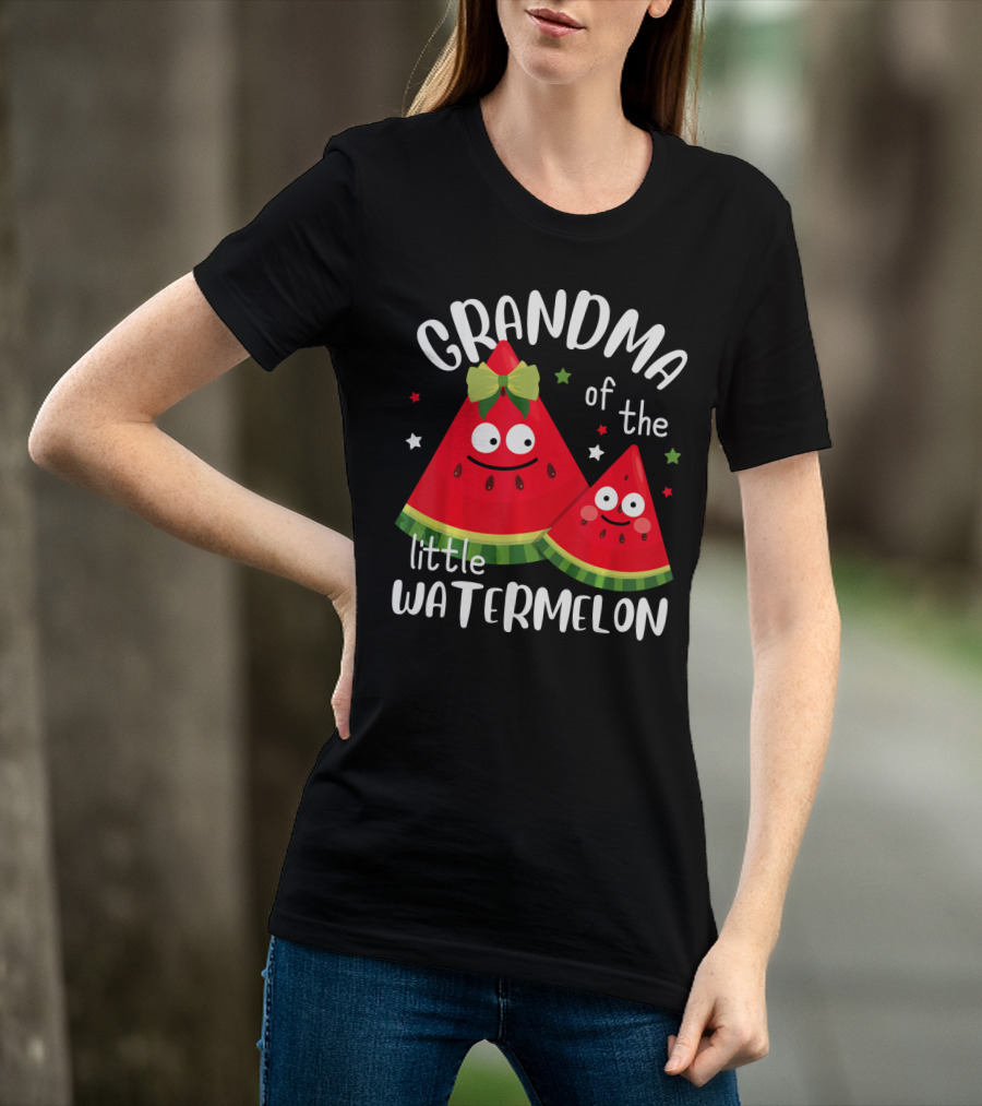 Grandma Of The Little Watermelon With Smiling Cartoon Slices And Stars T-Shirt