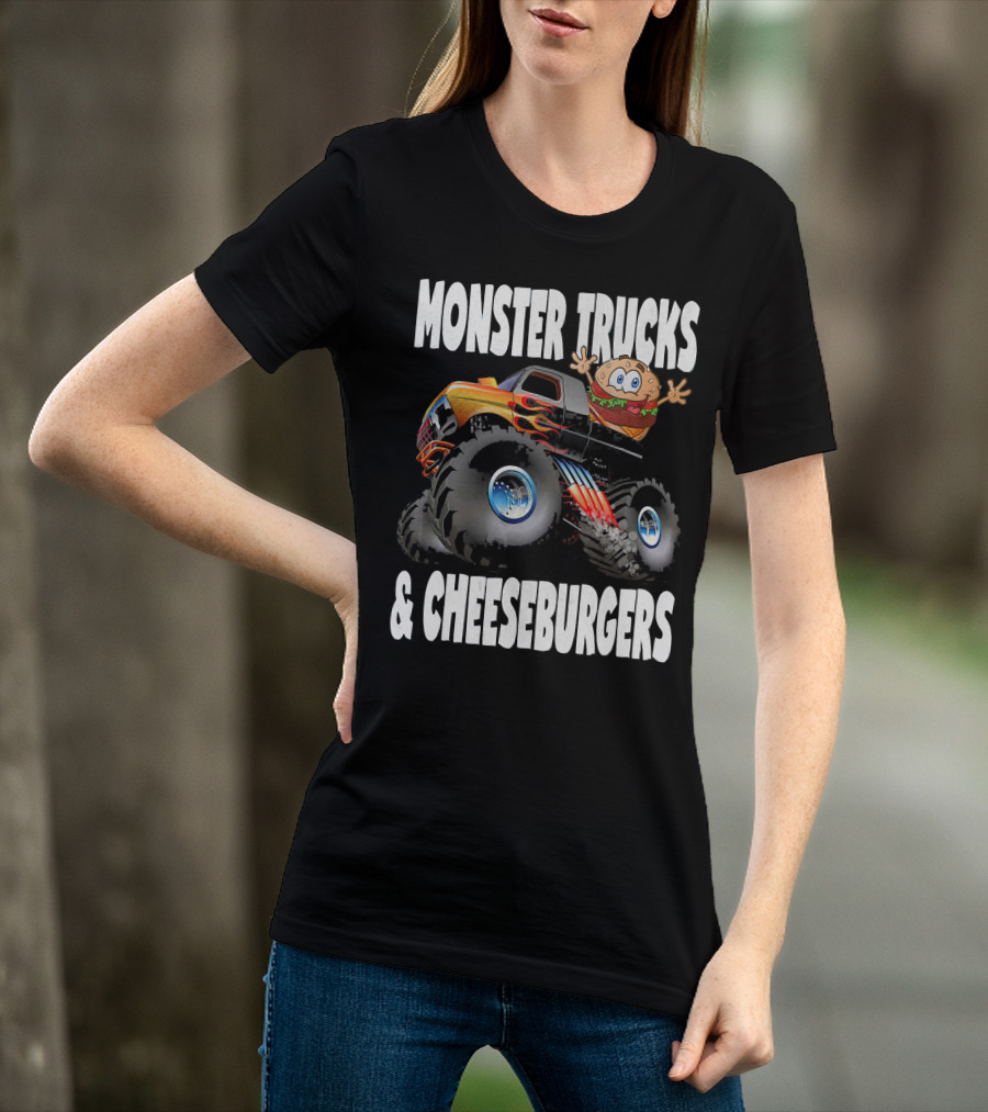 Monster Trucks And Cheeseburgers With Cartoon Cheeseburger Driver T-Shirt