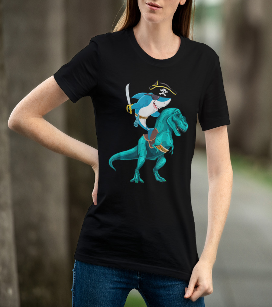 Shark Pirate On T-Rex For Kids Boys Sons T-Shirt
