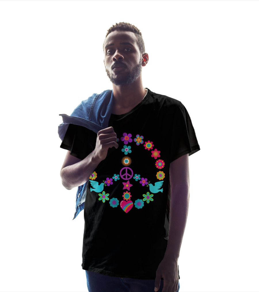 Peace Sign Flowers Dove 60s 70s Heart T-Shirt