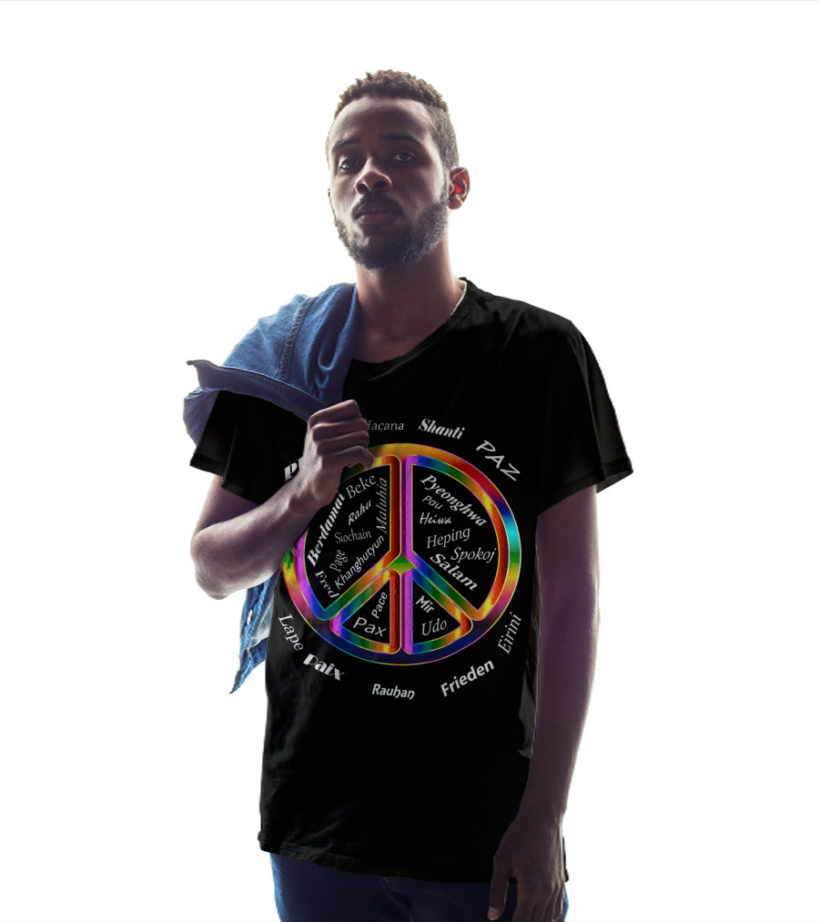 Peace Symbol With Words In 27 Languages Including Frieden And Salam T-Shirt