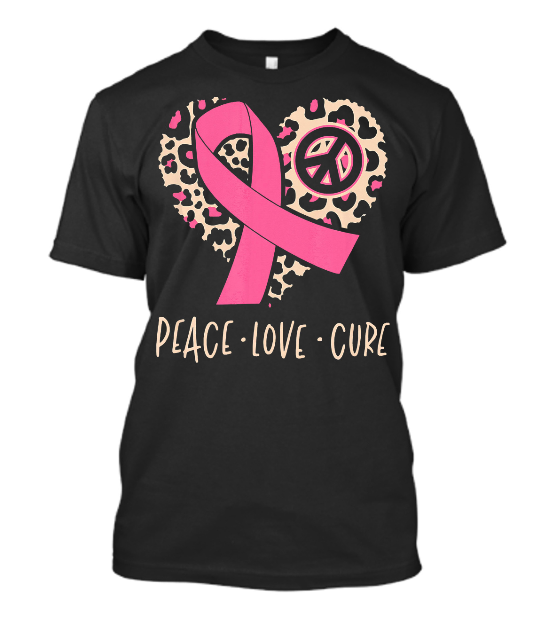 Peace Love Cure Pink Ribbon Leopard Breast Cancer Awareness T-Shirt
