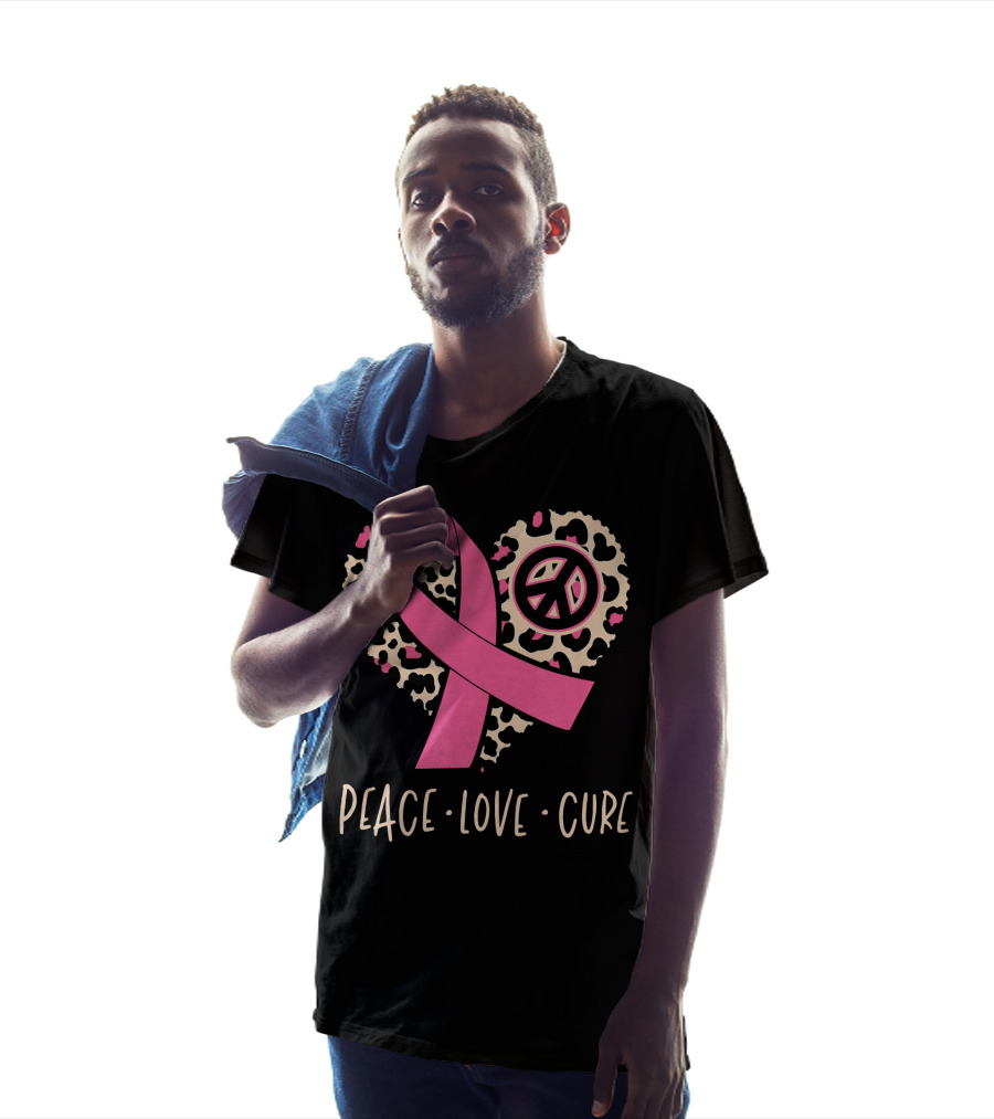 Peace Love Cure Pink Ribbon Leopard Breast Cancer Awareness T-Shirt