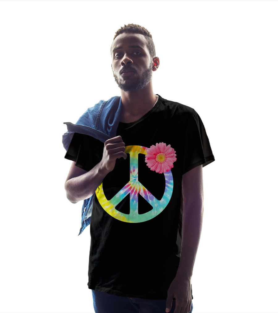 Boho Tie Dye Peace Sign With Pink Flower T-Shirt
