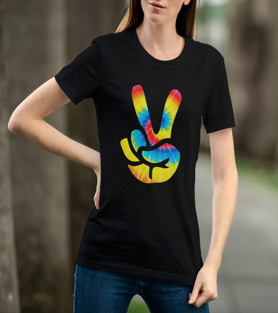Tie Dye Peace Sign Hand V Symbol Rainbow Psychedelic T-Shirt