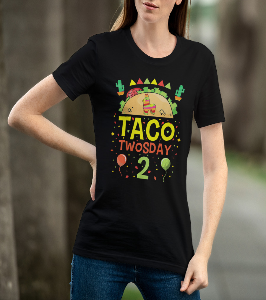 Taco Twosday 2 Two Year Old Boy Girl Cactus Balloon Party T-Shirt