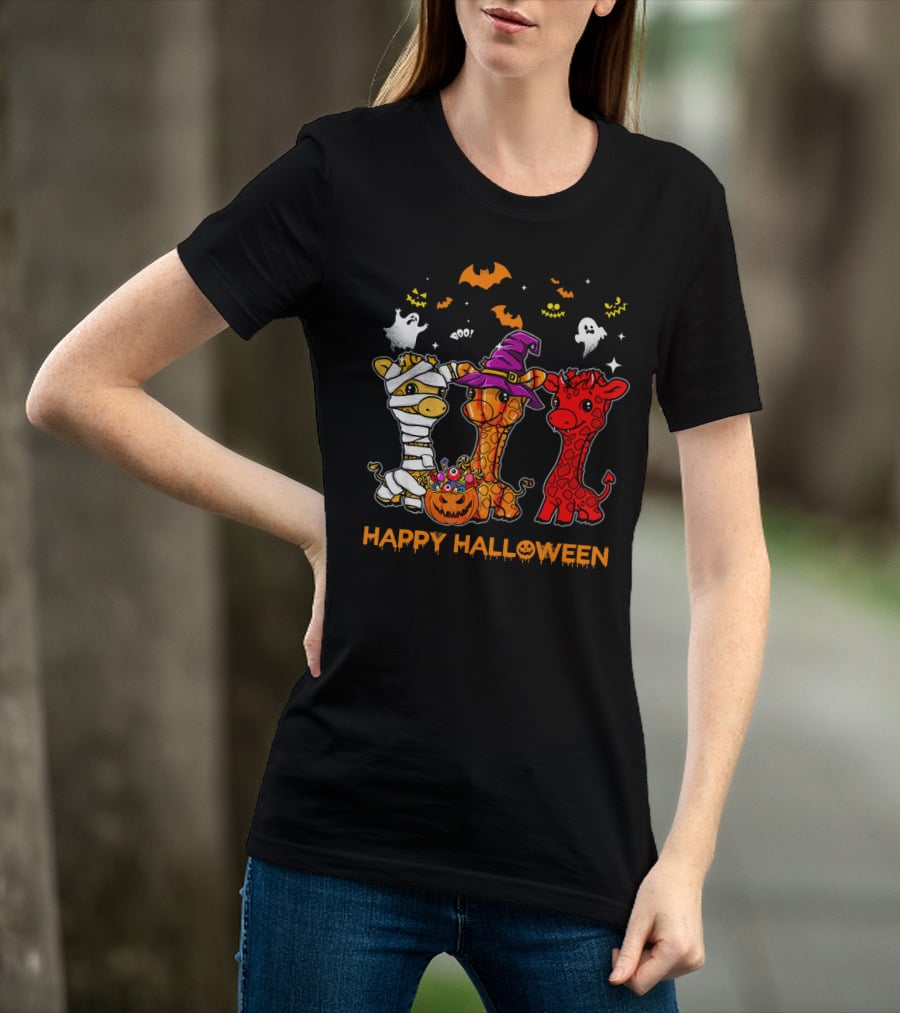 Giraffe Trio In Halloween Costumes With Ghosts And Pumpkin Candy Happy Halloween Cute Mum T-Shirt