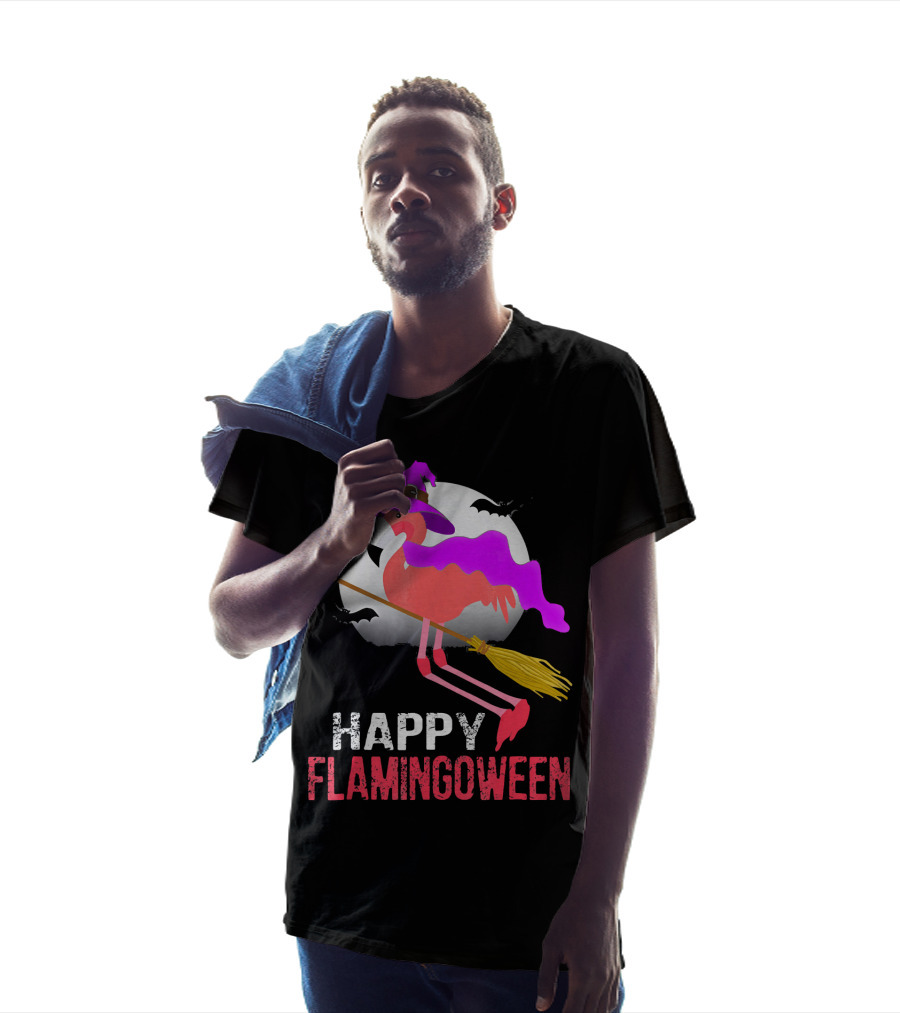 Happy Flamingoween Witch With Flamingo On Broomstick T-Shirt